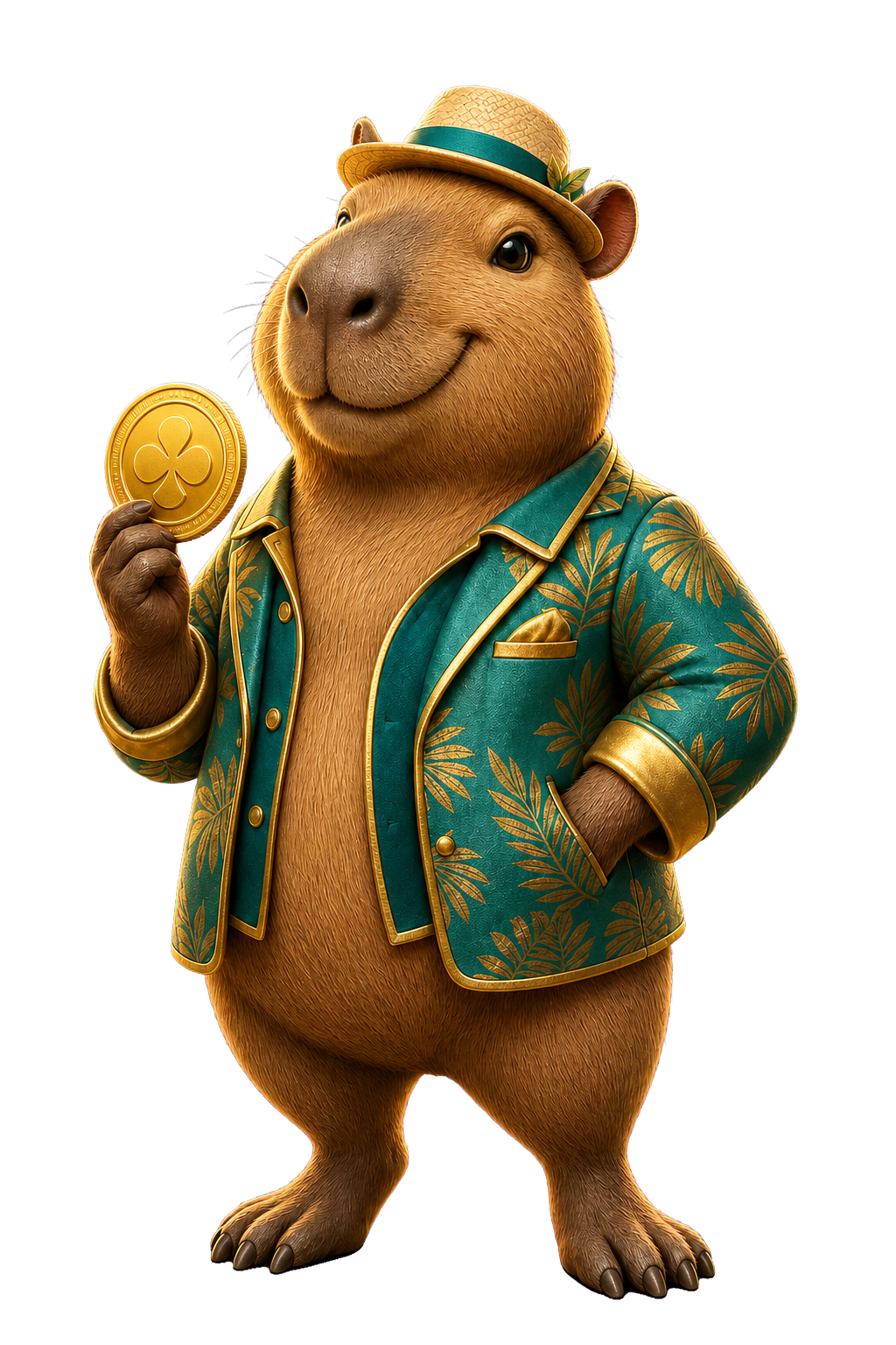 CapyGold mascot holding a Gold Coin